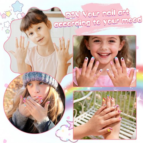 216Pcs Press on Nails for Girls 9 Styles 12 Sizes - Kids Fake Nails Kit for Ages 6-12, Short Acrylic Nails with Adhesive Tabs, Nail File Set for Girls Teens