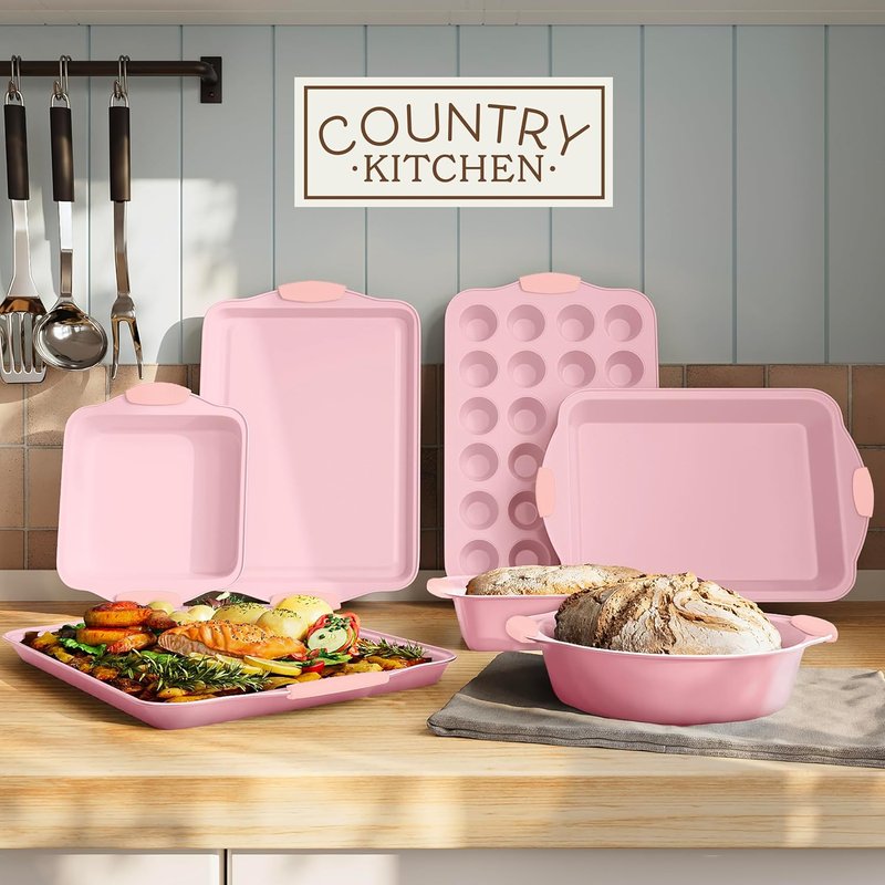 Country Kitchen Nonstick Bakeware Set - Heavy Duty, Easy Release, Stackable, Pink | 10 Pieces