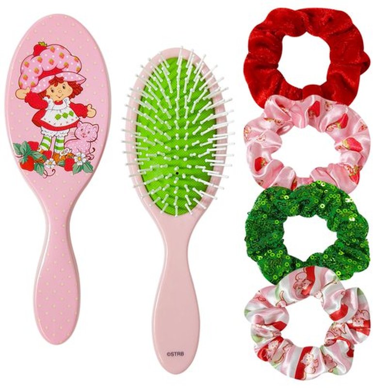 LUV HER Strawberry Shortcake Hair Accessory Set – 5 Pieces: 1 Detangling 9-inch Hairbrush & 4 Scrunchies, Elastic Hair Ties, Ages 3+