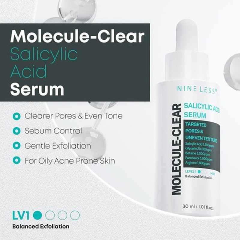 NINELESS Salicylic Acid Serum - Deep Pore Exfoliating BHA for Oily Acne-Prone Skin | Hydrating & Soothing, 1.01 fl oz