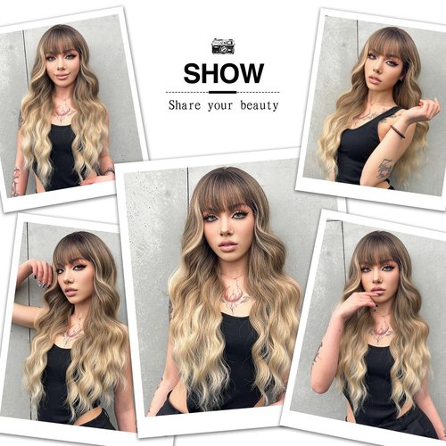 BOGSEA Ombre Blonde Wig with Bangs Long Blonde Wig for Women 26 Inch Synthetic Heat Resistant Fiber Wigs for Daily Party
