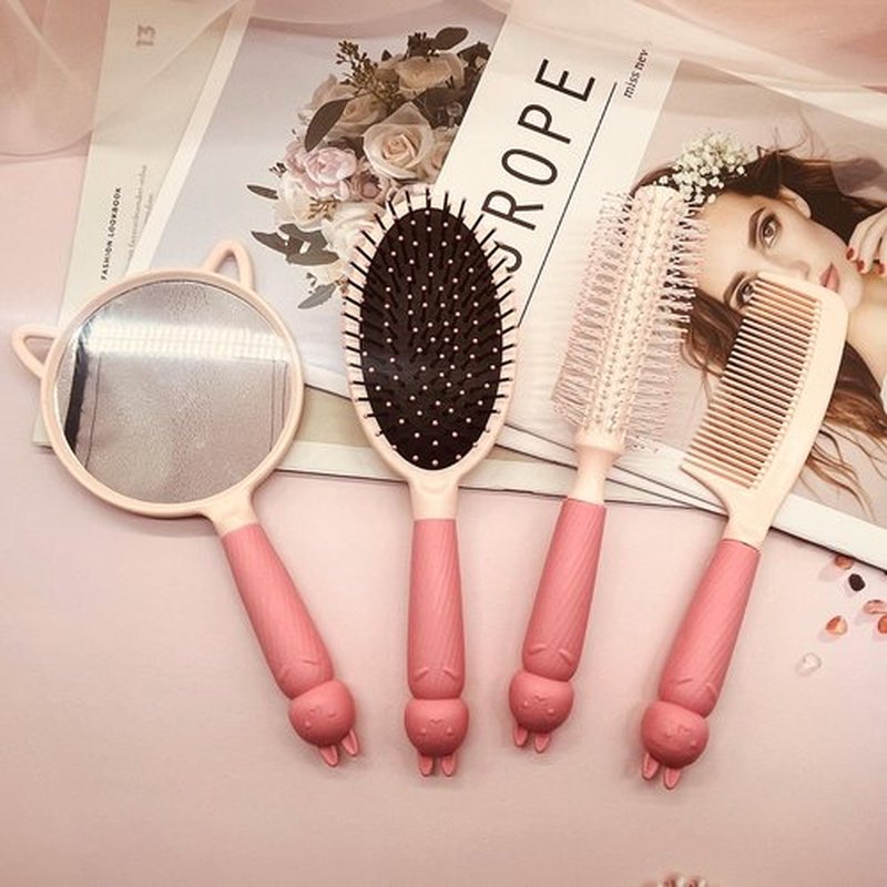 4 Pieces Hair Brush Hair Comb Set For Women Girls Gift Cute shaped Hair Comb Hair Brush Handheld Mirror Set Travel Detangling Comb Massage HairBrush with Air Cushion For Wet Dry Hair (Pink)