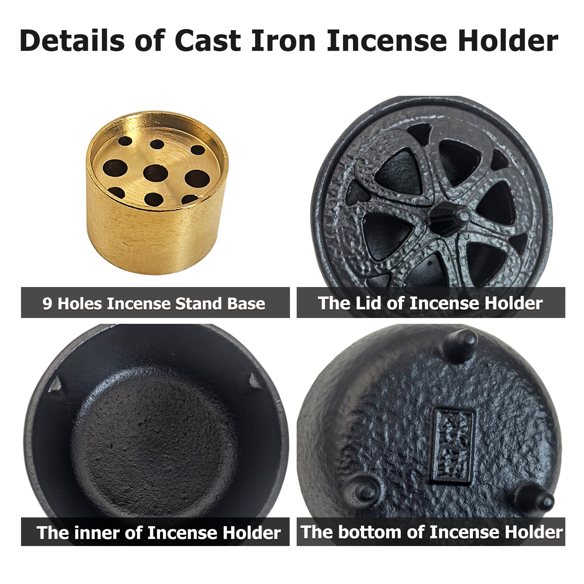 SECHUDO Small Cast Iron Incense Burner Holder, Home Decor, Bowl Design with Decorative Lid, Black Incense for Sticks, Resin, Cone Incense or Wax Melts