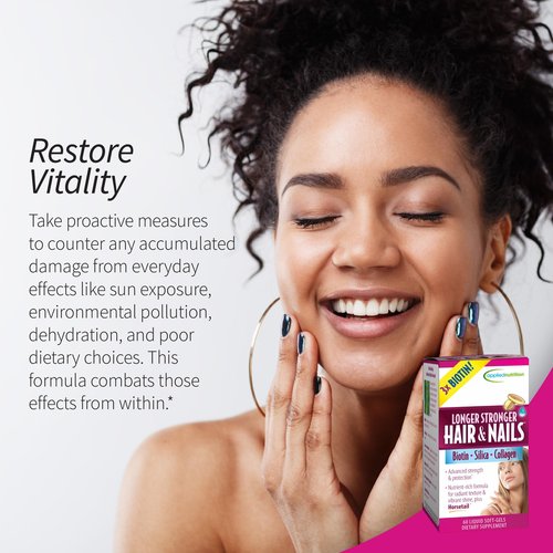 Applied Nutrition Longer Stronger Hair & Nails - 60 Liquid Soft-Gels - Biotin, Silica & Collagen - 30 Servings