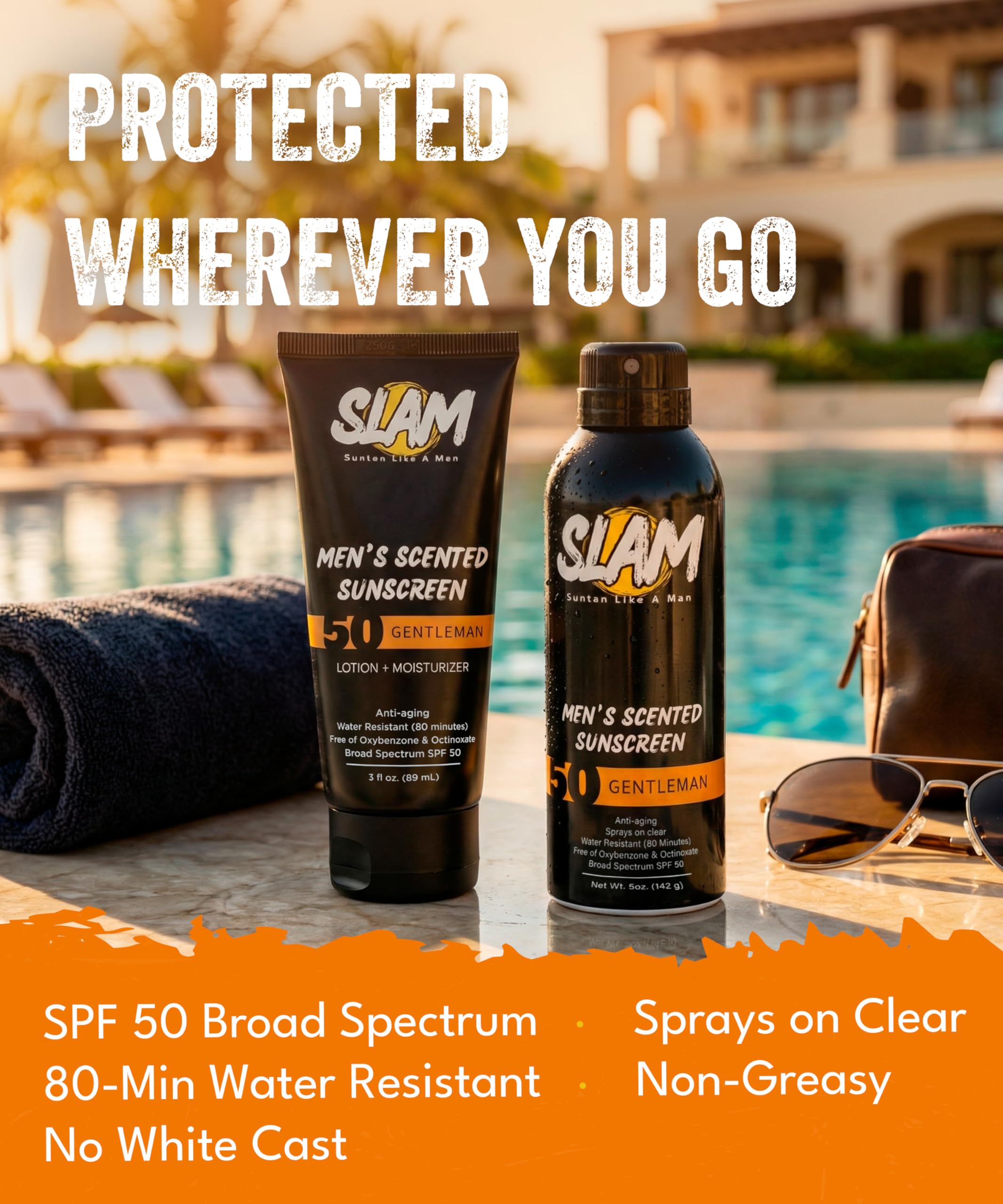 SLAM Men’s Sunscreen SPF 50 Spray - Broad Spectrum UVA/UVB Protection - Non-Greasy & No Harsh Chemicals - GentleMan Bergamot Cedar Patchouli Cologne Scented - 2 Pack