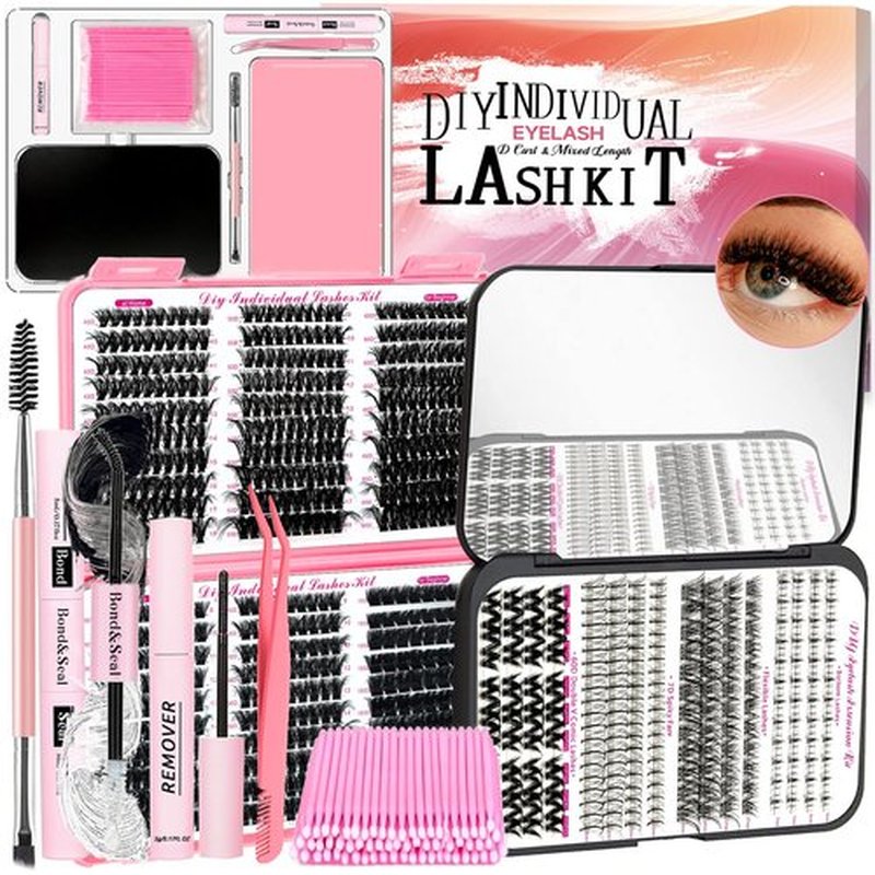 QUKLOGEN DIY Lash Extension Kit 772Pcs D Curl 4 styles Individual Lash with Bottom Lash Clusters Lash Bond and Seal,Quick Glue Remover Tweezers Eyelash Brush Mini Applicator (LASH003)