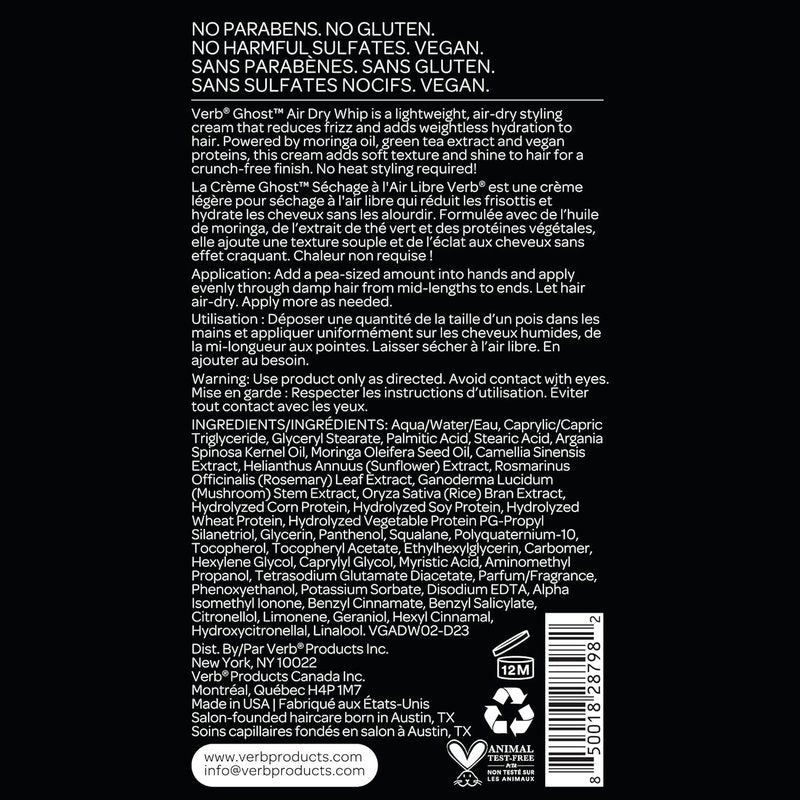 VERB Ghost Air Dry Whip - Weightless Styling Cream with Moringa Oil - Anti-Frizz & Hydration | Vegan, Paraben-Free