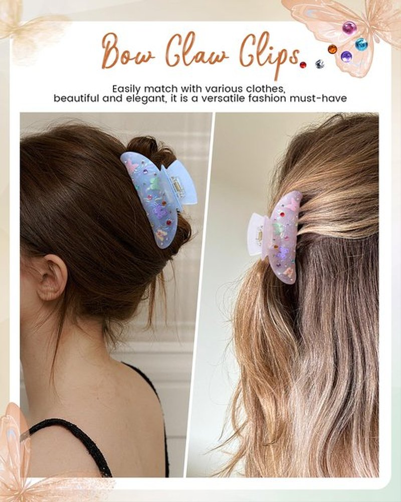 Mesovor 3 Pack Bow Printed Hair Claw Clips, Non-slip 3.74" Medium Hair Grip Clawclips with Colored Zircon | Acrylic Strong Hold Jaw Banana Clips (Blue, Purple, White)