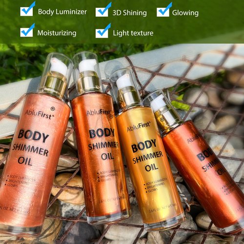 AbluFirst Shimmer Body Oil Summer Body Glitter Moisturizing Light Shimmer Glow Non-Sticky Summer Body Luminizer and Illuminator Smooth (2.8 Fl Oz (Pack of 1), Gold)