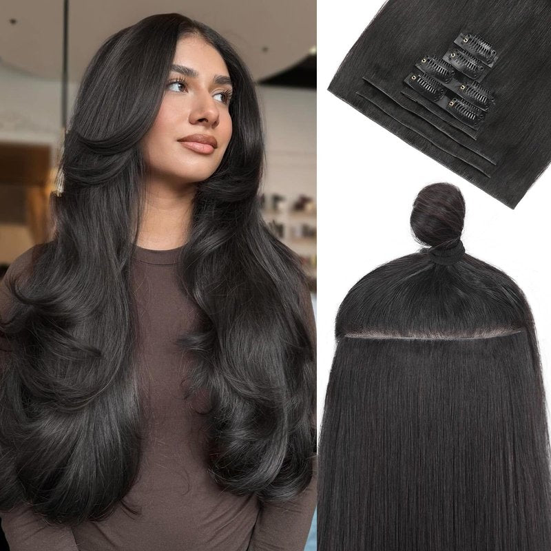 WIGNEE Invisi Edge Black Clip In Hair Extensions Real Human Hair 18inch 130g 8Pcs Machine-Inserted PU Base Human Hair Extension Clip Ins Glueless Remy Hair Extensions for Women