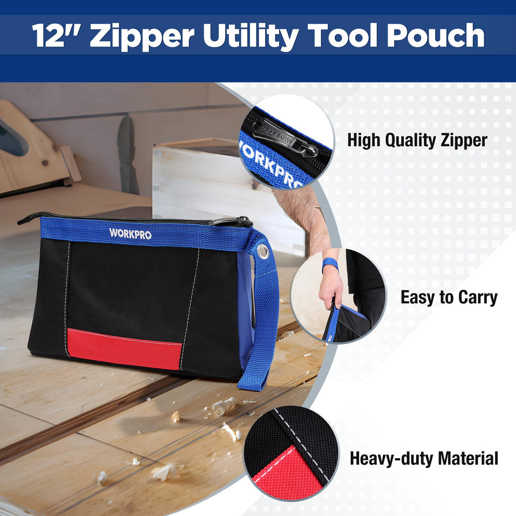 WORKPRO 12" Tool Bag Pouches, 2 Pack Zipper Organizer Bags with Mesh Window