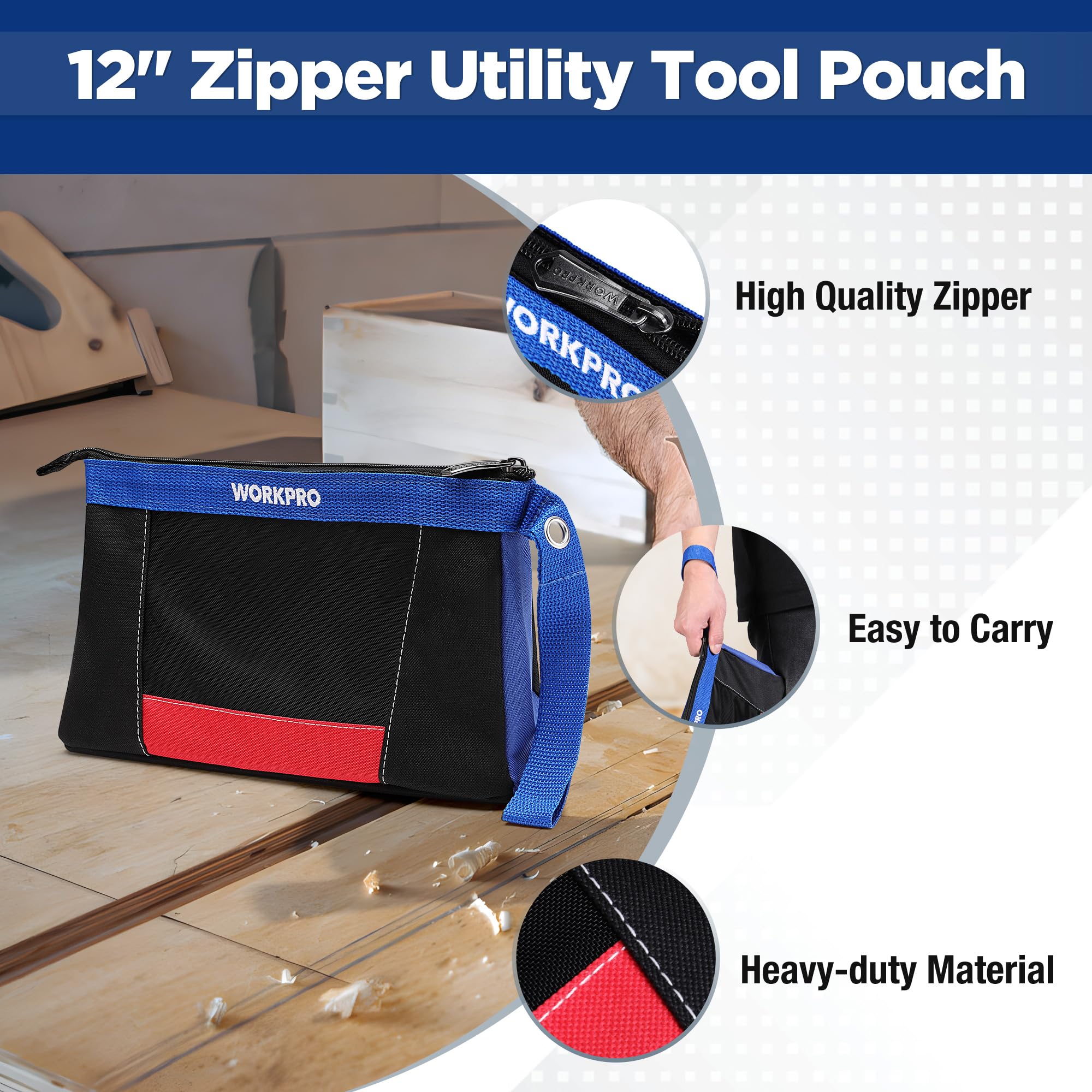 WORKPRO 12" Tool Bag Pouches, 2 Pack Zipper Organizer Bags with Mesh Window