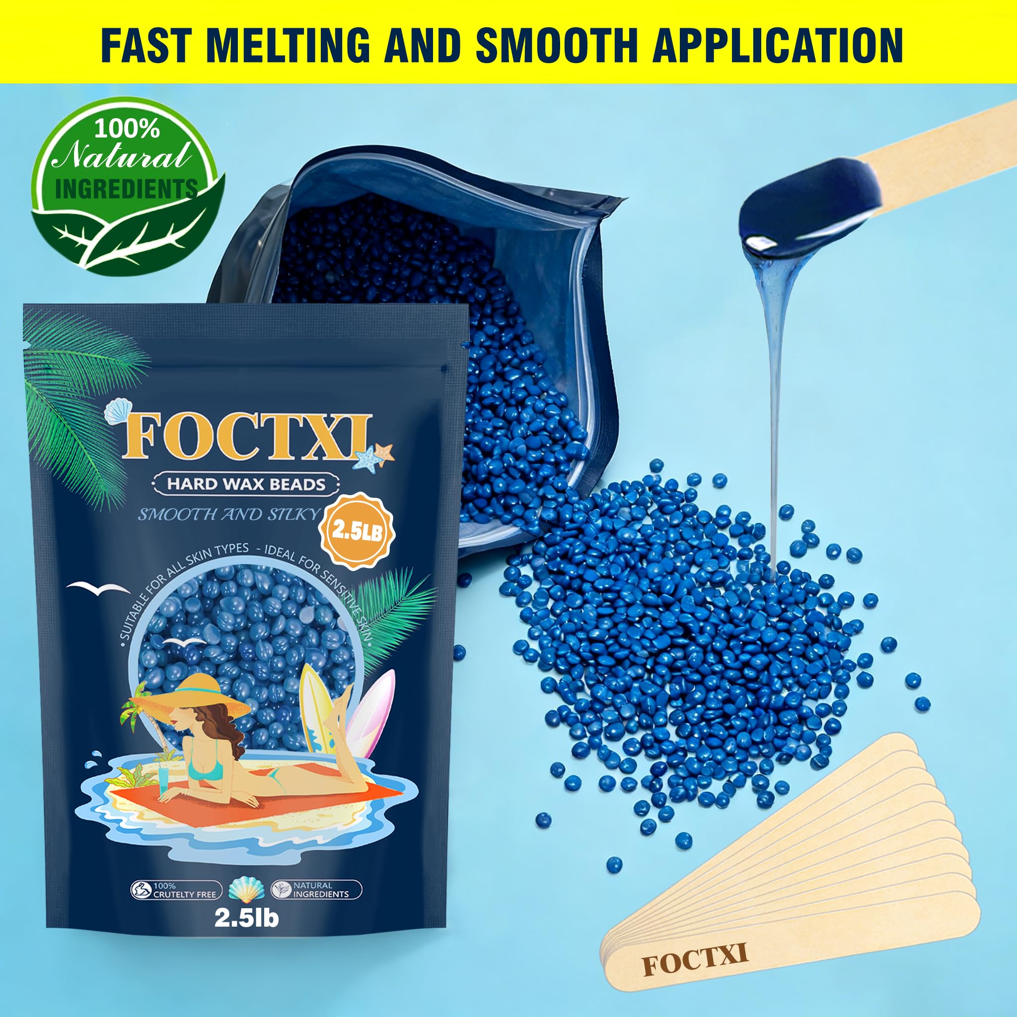 FOCTXI Hard Wax Beads, 2.5lb Wax Beans for Hair Removal Sensitive Skin + 10 Large Applicator Sticks - Coarse Hair Formula – Brazilian Bikini, Face, Eyebrows, Underarms, Arms, Chest, Back, Legs