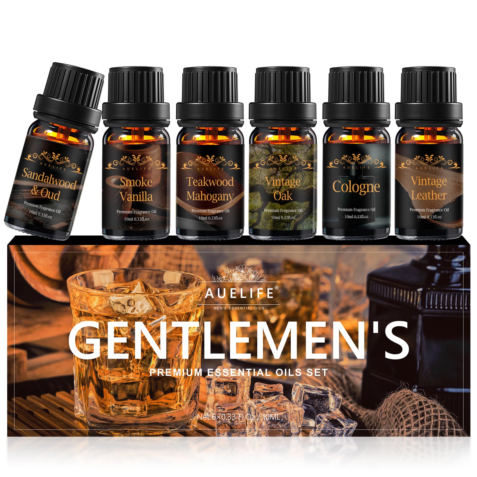 Men Essential Oils Set for Diffuser for Home, 6x10ml Masculine Fragrance Oils for Candle Making, Scented Oil Gift Set for Men, Mahogany, Sandalwood, Cologne, Smoke Vanilla, Leather
