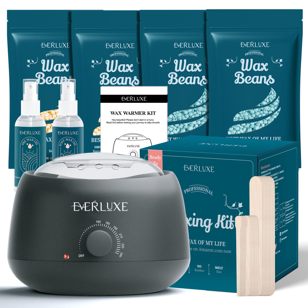 Waxing Kit for Women Men , EVERLUXE Wax Warmer Hair Removal Kit , Hard with 4 Packs of Beads , Beads All Types , Legs , Face , Eyebrows , Bikini