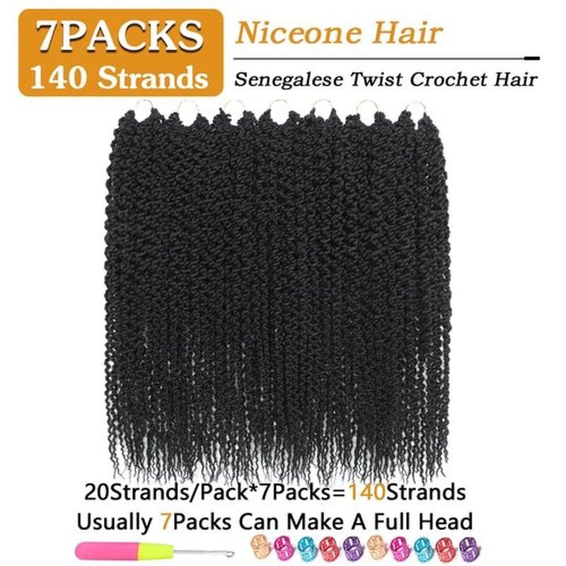 18Inch Curly Senegalese Twist Crochet Hair For Black Women - 7 Packs, 20 Strands/Pack Small Twist Crochet Braids Hair with Straight Ends, Synthetic Crochet Braids(1B,18 Inch)