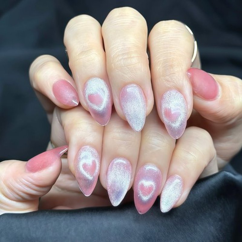 Sunruby Press On Nails Short Almond Cat Eye Jelly Pink|The Heart will Sparkle as You Move.Reusable Soft Gel Nails in 15 Sizes -30 Nail Kit with Glue|Designed in L.A, Handmade in Vietnam| Whisper Heart