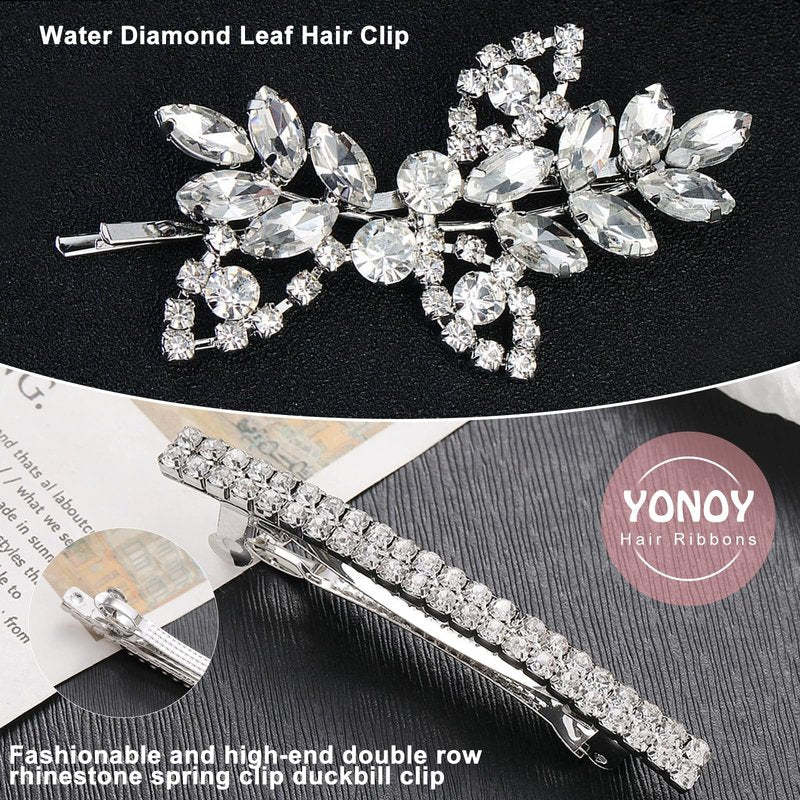 YONOY 4Pcs Rhinestone Hair Barrettes for Women Leaf Wedding Hair Pins Crystal Bobby Pins Silver Bridal Hairpin Clips for Brides Bridesmaids Flower Girls