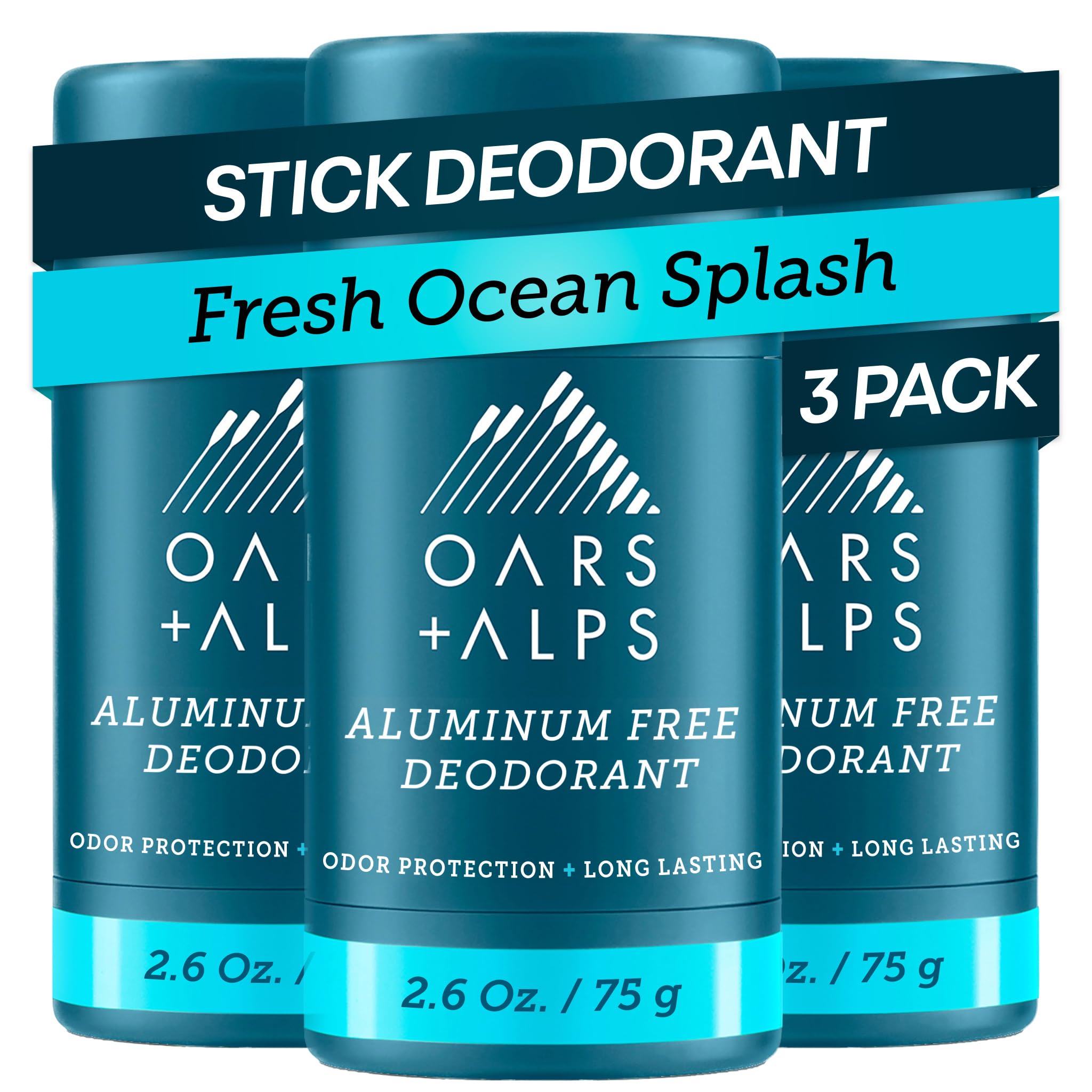 Oars + Alps Aluminum Free Deodorant for Men | Long Lasting Odor Protection, Clear & Free of White Residue, Anti-Chafing Smooth Glide, Dermatologist Tested, Fresh Ocean Splash, 3pk, 2.6oz