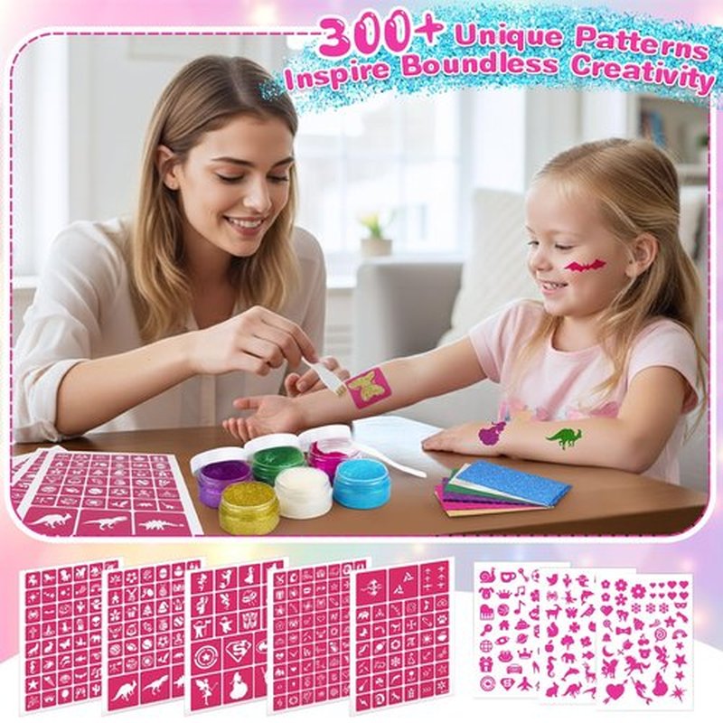 Dreamon Temporary Glitter Tattoo Kit for Kids with 6 Colors No-mess Glitter Gel, 325 Unique Stencils - Adult & Kids Body Art Glitter Make Up Kit - Gifts for Girls Boys Christmas Birthday Summer Party