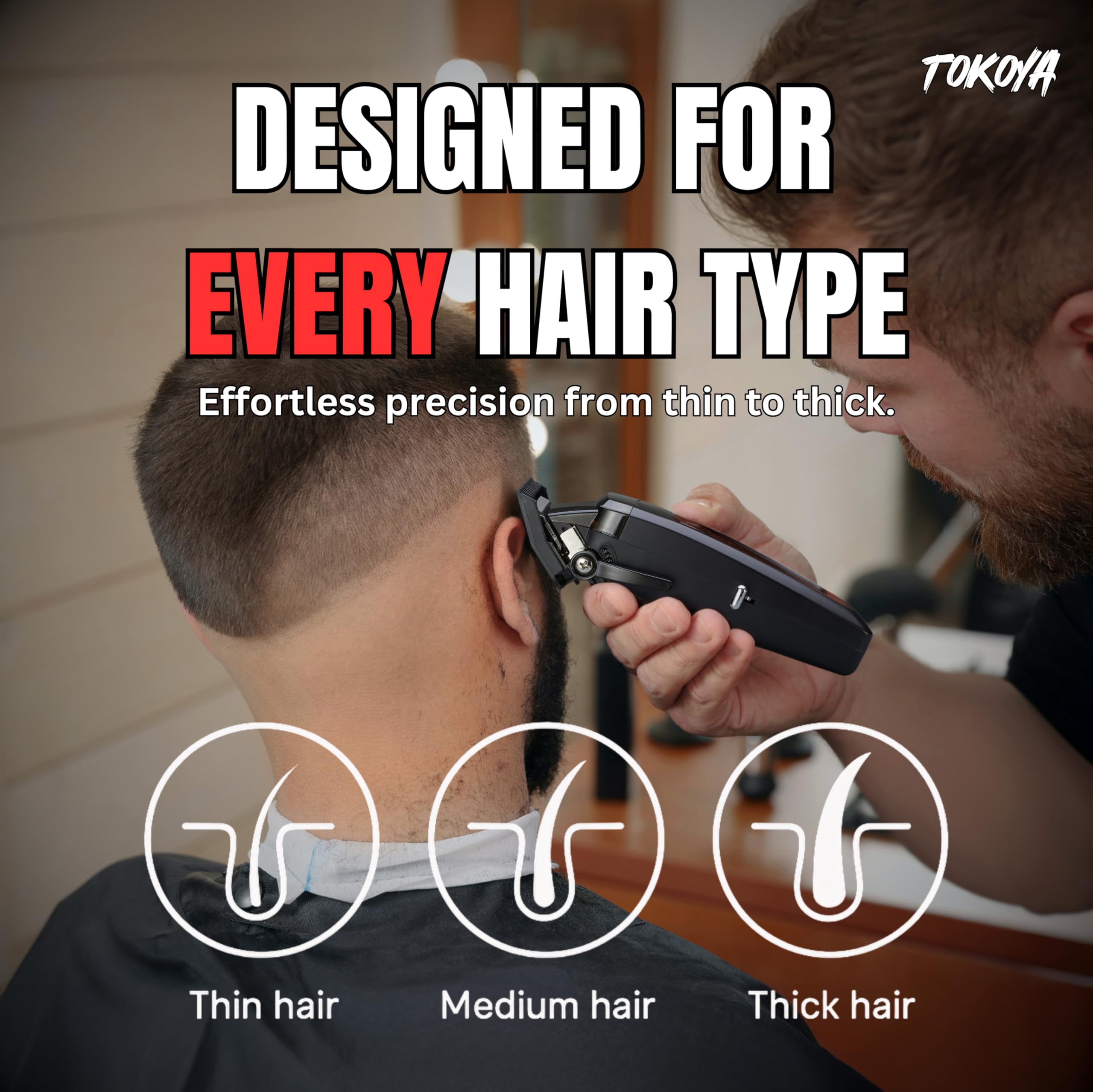 TOKOYA Shogun Professional Hair Clippers – Black Titanium DLC Blade, 7500 RPM Brushless Motor, Adjustable 5-Click Lever, LED Display, USB-C Charging, Cordless Barber Clippers with Guards & Dock