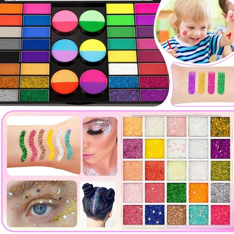69 Colors Face Painting Kit for Kids - Non-toxic water-activated paint palette with glitter makeup palette, stencils, brushes, Gems, puff. for Kids Party Cosplay Halloween Christmas Carnival.