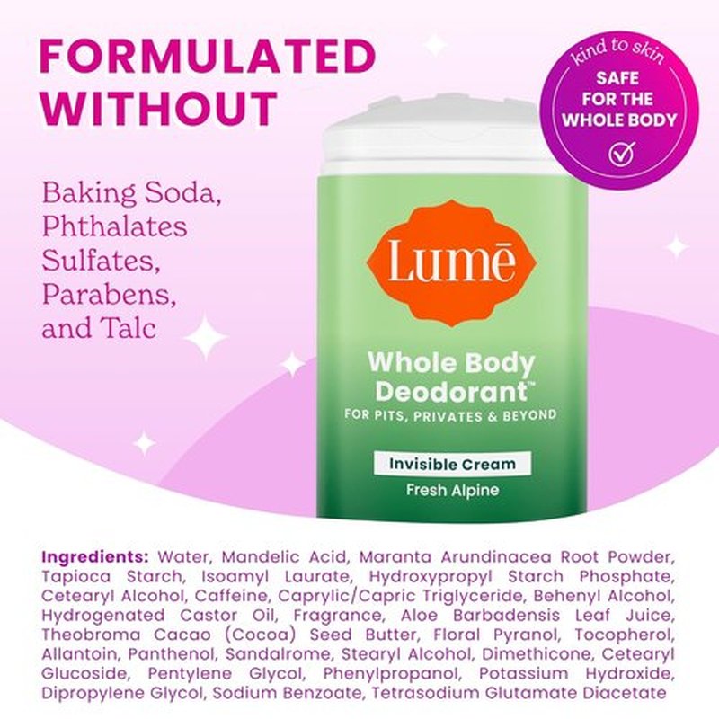 Lume Whole Body Deodorant - Invisible Cream Stick for 72 Hour Odor Control - Aluminum Free, 2.2 Ounce (Pack of 2) - Fresh Alpine