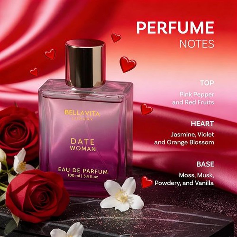 Bellavita Luxury DATE Eau de Parfum - 100 ml | Floral Women's Perfume with Pink Pepper, Jasmine & Moss Notes