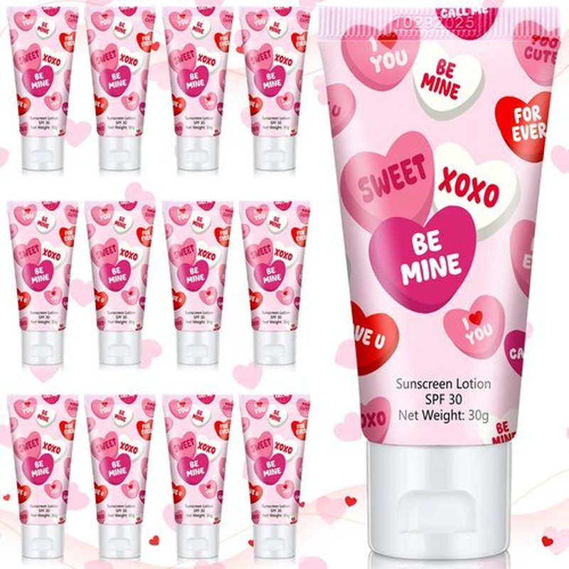Dansib 12 Pcs Mini Sunscreen Bulk for Summer Travel Size Spf 30 Water Resistant Sunscreen Lotion Bulk for Thank You Gifts Hawaiian Wedding Bridal Party Favors for Pool Wedding(Valentine)