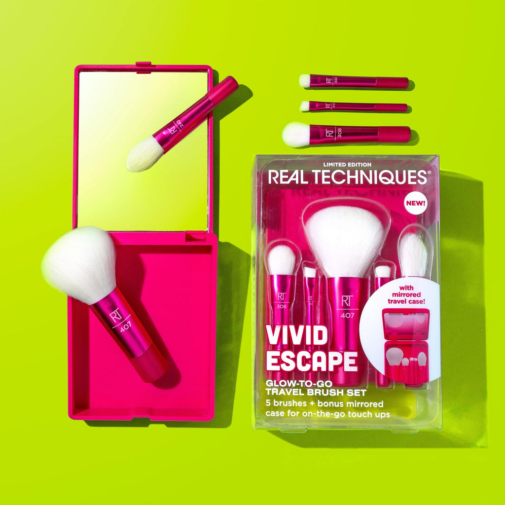 Real Techniques Vivid Escape Glow-To-Go Travel Makeup Brush 6 Piece Set, Mini Size Makeup Brushes for Eyeshadow, Concealer, Contour, & Blush, Includes Mirror Cosmetic Case, Cruelty-Free & Vegan