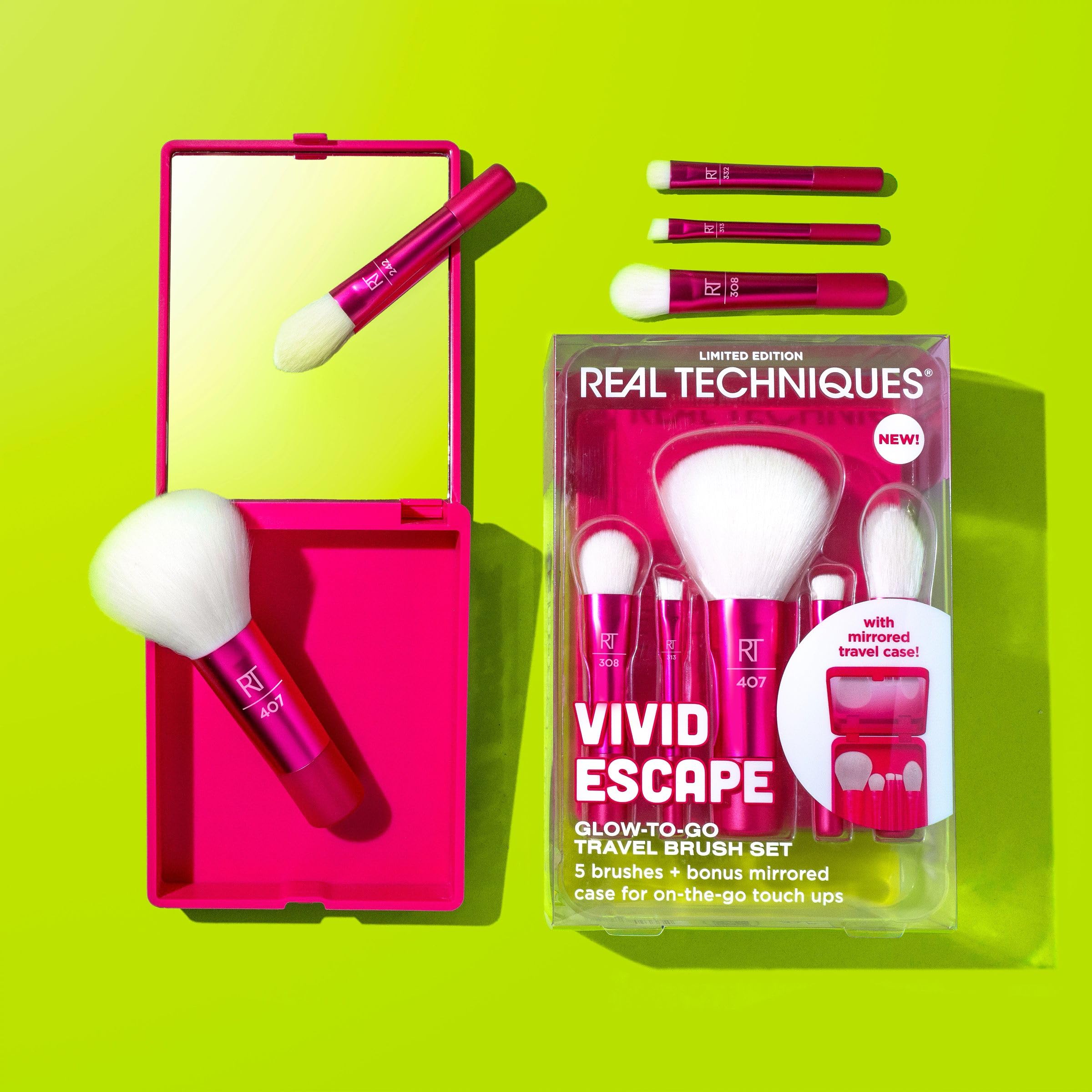 Real Techniques Vivid Escape Glow-To-Go Travel Makeup Brush 6 Piece Set, Mini Size Makeup Brushes for Eyeshadow, Concealer, Contour, & Blush, Includes Mirror Cosmetic Case, Cruelty-Free & Vegan