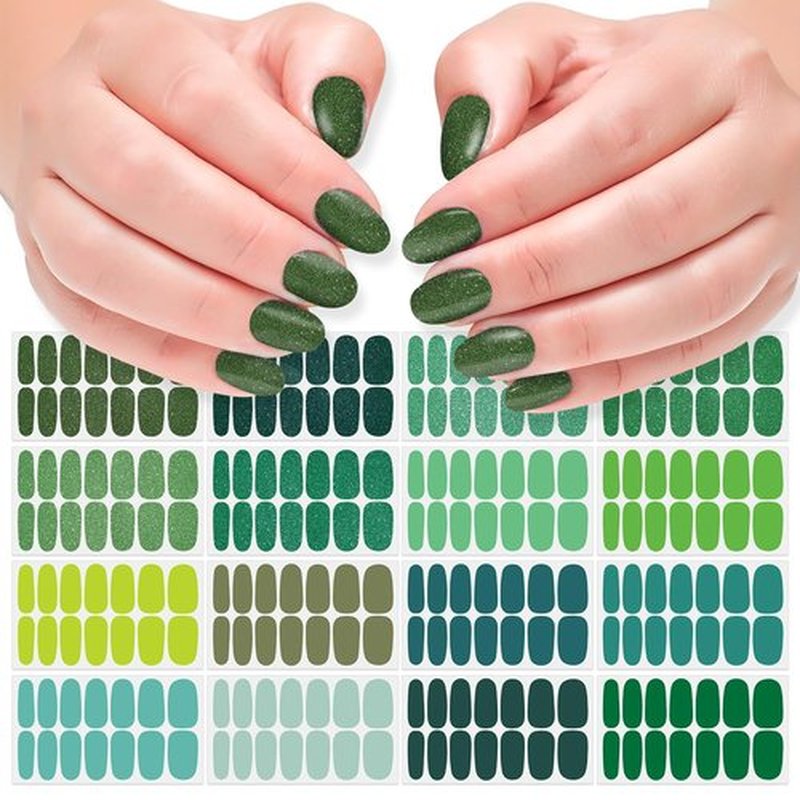 DANNEASY 16 Sheets Green Nail Wraps for Women Full Nail Polish Stickers Fresh Color Self Adhesive Nail Polish Strips Glitter Nail Strips Gel Fingernail Sticker Nails with File, Cuticle Stick