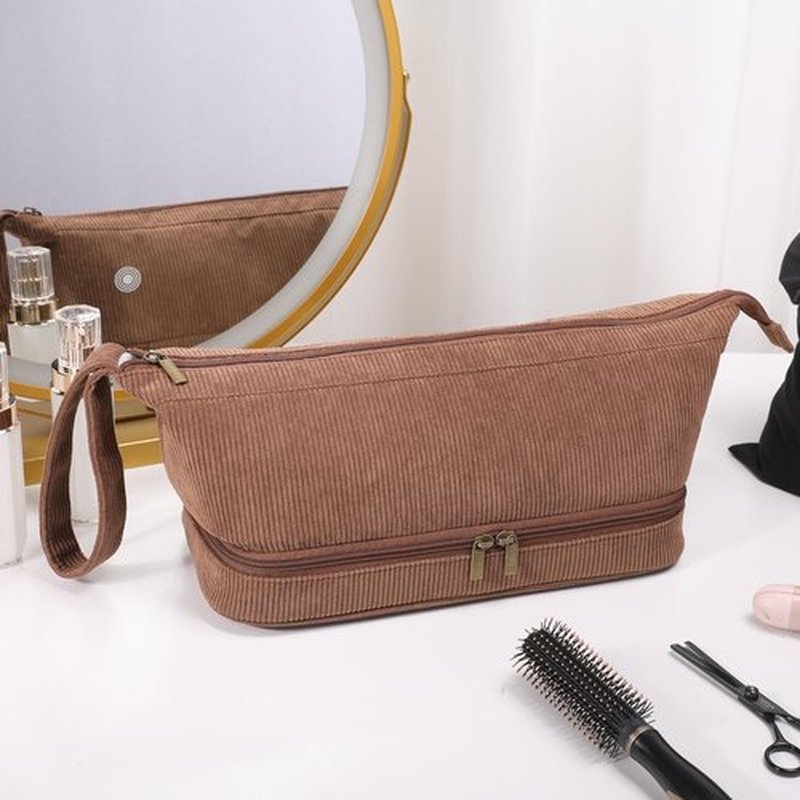 ELCUPA Hair Tools Travel Case - Double-Layer Organizer for Hair Dryer, Curling Iron & Attachments - Brown Corduroy with Zipper Closure & Top Handle