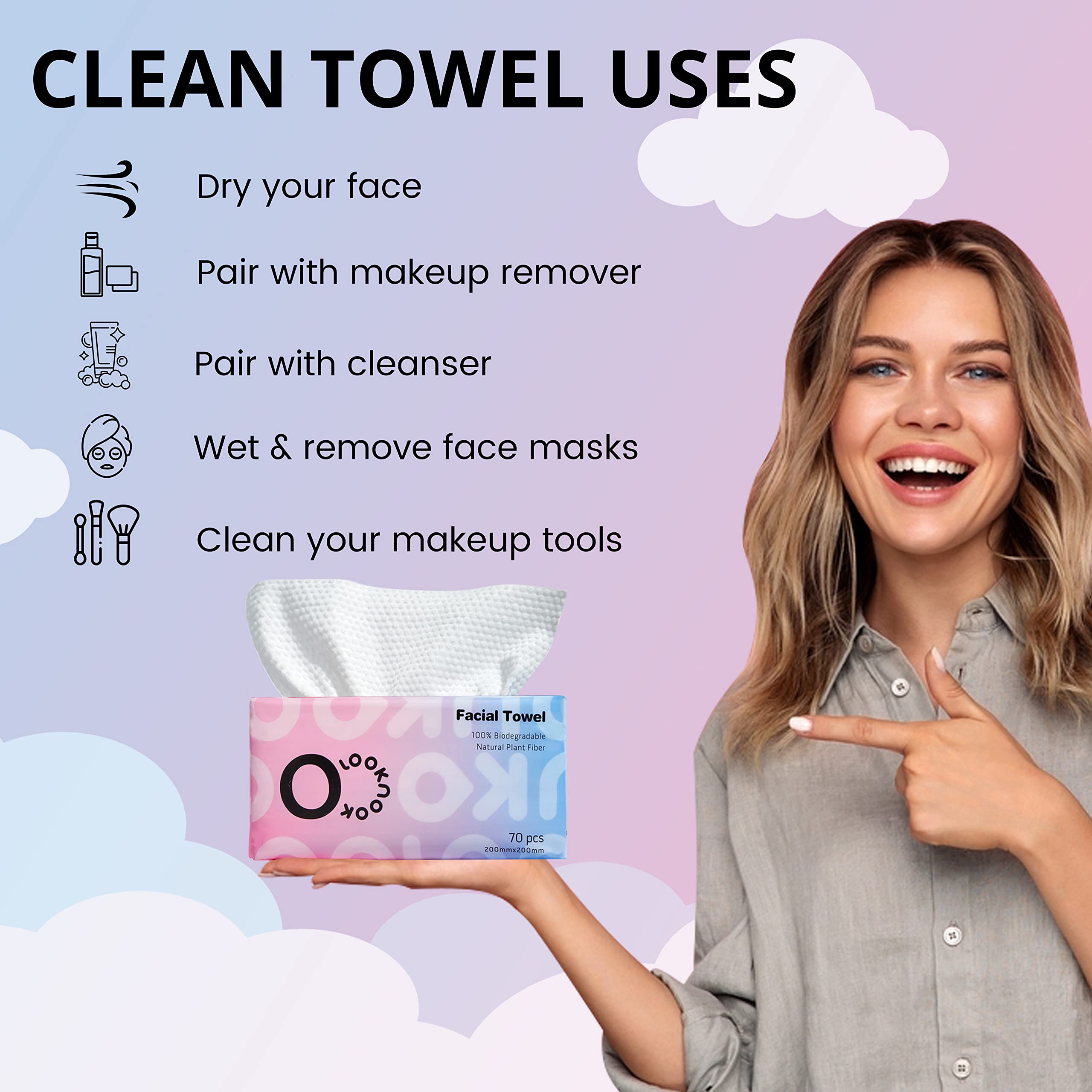 LOOKNOOK Disposable Face Towel, Facial Towel 50% Thicker than Others, Acne Fighting Lint Free Face Wash Cloth, Makeup Towel, Super Soft for Sensitive Skin, Multipurpose Cleaning Cloth, 70 Count