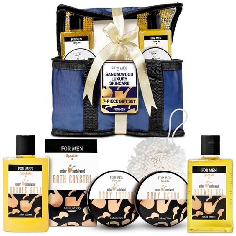 SpaLife Luxury Spa Sandalwood Gift Set for Men - 7-Piece Body Wash & Skincare Bundle | Cleansing, Moisturizing, Exfoliating