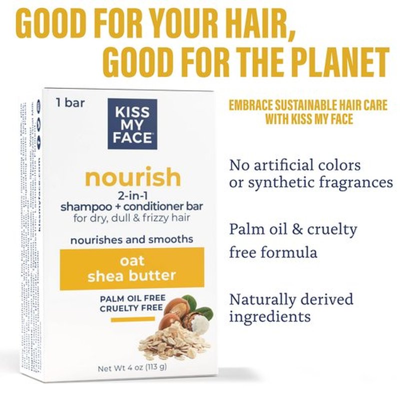 Kiss My Face Nourish 2-in-1 Shampoo and Conditioner Bar, With Oat and Shea Butter, Nourishes and Smooths, For Dry, Dull and Frizzy Hair, Cruelty Free and Palm Oil Free, Pack of 3