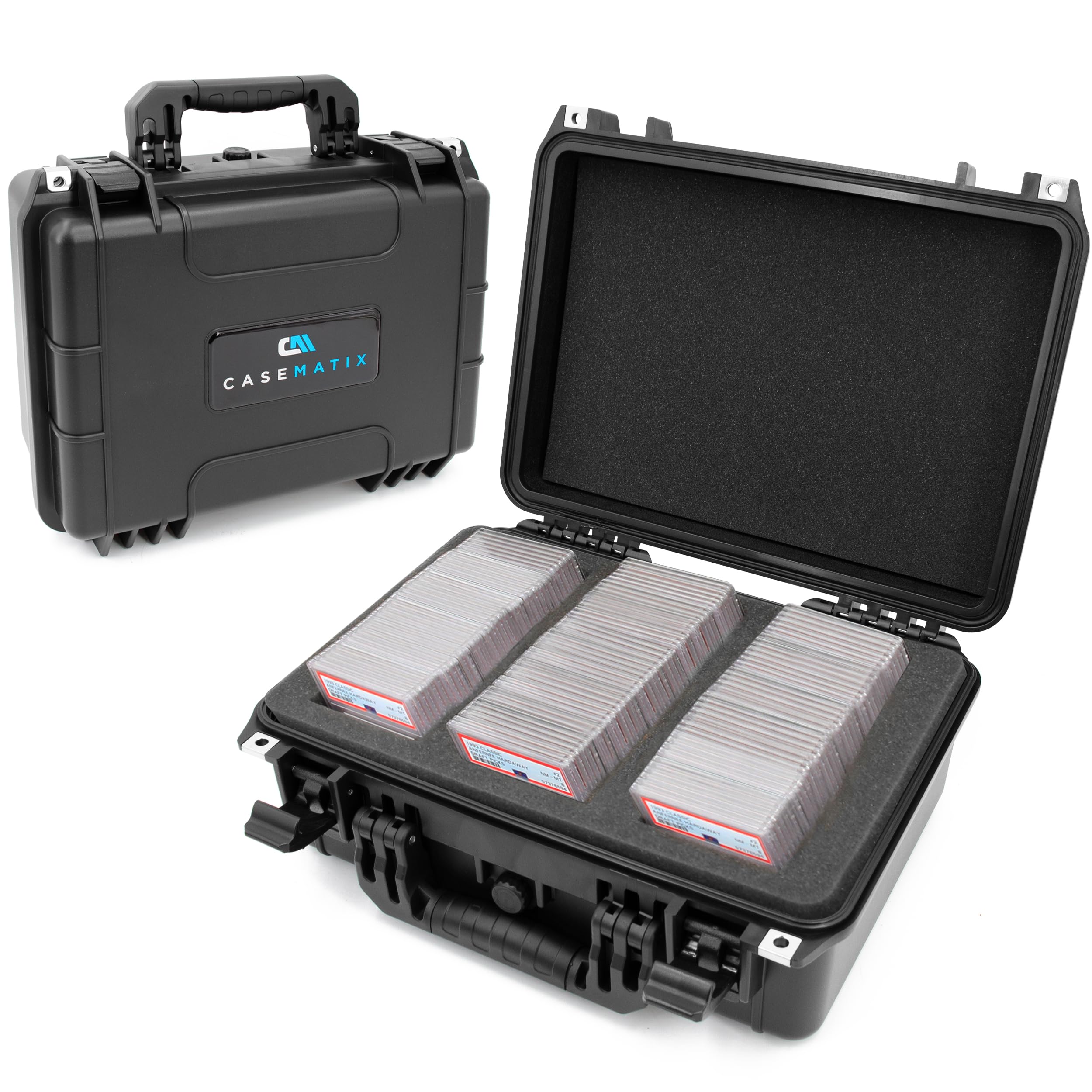 CASEMATIX Waterproof Graded Card Storage Box for 100 PSA, BGS, CSG Sports Cards – IPX7 Protective Holder Case Fits PSA Slabs and Toploaders With Dividers – Durable Collectible Card Case