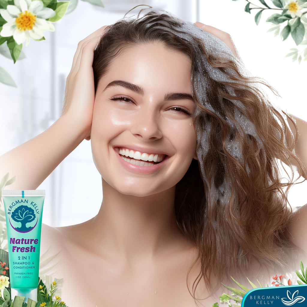 Bergman Kelly - Travel Size 2 in 1 Shampoo & Conditioner - 1 fl oz, 100 PK, Nature Fresh - Delight Your Guests w/Refreshing & Soothing Shampoo Amenities - Small Hotel Toiletries in Bulk