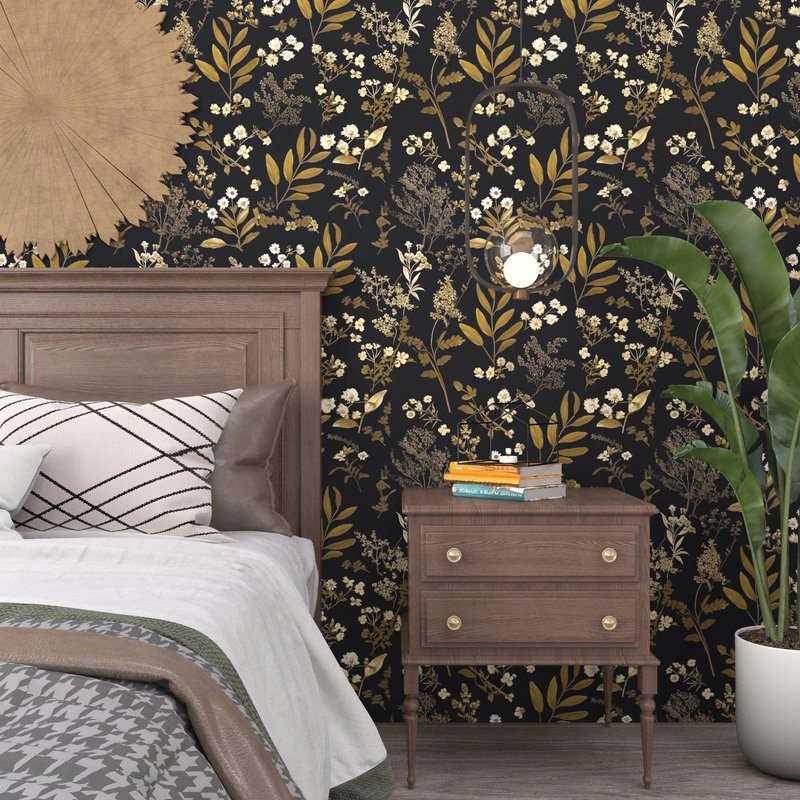 Laatse Vintage Wallpaper Peel and Stick Black Floral Wallpaper 17.5'' x 393'' Gold Leaf Contact Paper Vinyl Waterproof Self Adhesive Boho Botanical Wall Paper for Bedroom Shlef Cabinet Décor