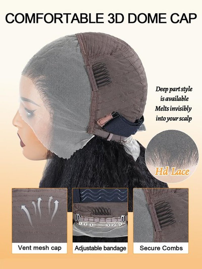 ALLWIN KinkyStraight Human Hair Wig for Black Women 22 Inch, 180% Density Yaki Straight Human Hair Wig Pre Plucked 13x4 HD Transparent Glueless Kinky Straight Lace Front Wig Natural Color