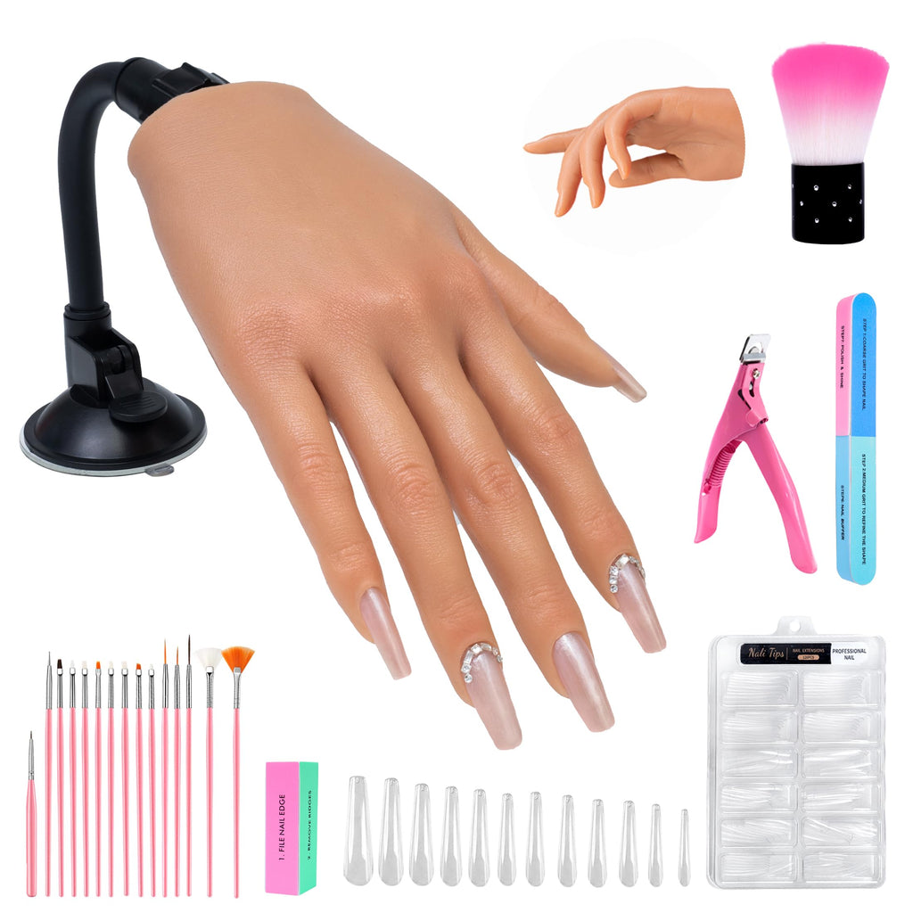 Veikmv Practice Hand for Acrylic Nails,Realistic Silicone Mannequin Hand with Flexible Fingers for Acrylic Nails, Gel Polish Training, Complete Nail Art Beginner Set with Brush & File