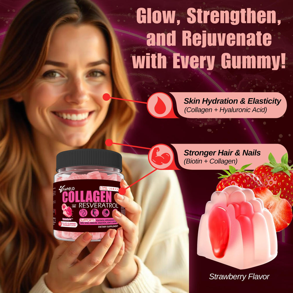 Fawelo Multi Collagen Gummies Hydrolyzed Type I, II, III, V, X Plus Resveratrol Hyaluronic Acid & Biotin Gummies for Hair Skin and Nails Vitamins | Multi Collagen Peptides | Sugar Free