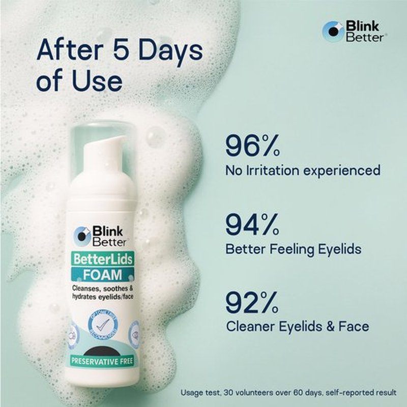 BlinkBetter BetterLids Foaming Eyelid Cleanser – Gentle Daily Foam for Eyelids & Lashes – Soothing Tea Tree Oil Formula with Ectoin & Centella, Non-Stinging, Preservative-Free, 2 fl oz