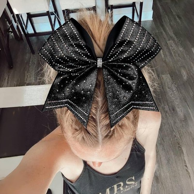 DEEKA 8PCS Black Stripes Glitter Cheer Bows with Iridescent Rhinestones Large 8" Competition Bow Cheer Hair Bows Elastic Band Ponytail Holder for Cheerleader Girls Softball Football Sports (Black)