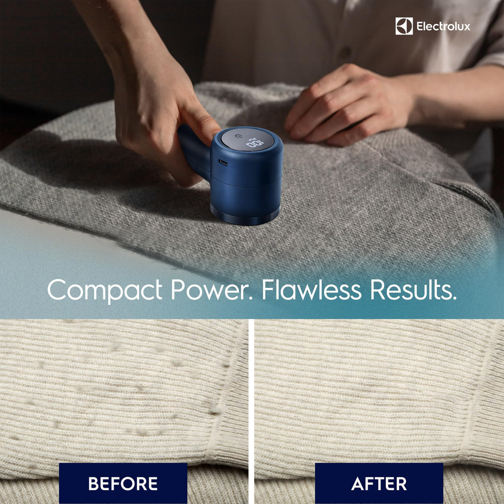 Electrolux Rechargeable Fabric Shaver | Compact Travel Lint Remover for Clothes & Furniture | Eliminates Fuzz & Pilling | 3-Speed Electric Lint Shaver with Type-C Fast Charging Port - Blue