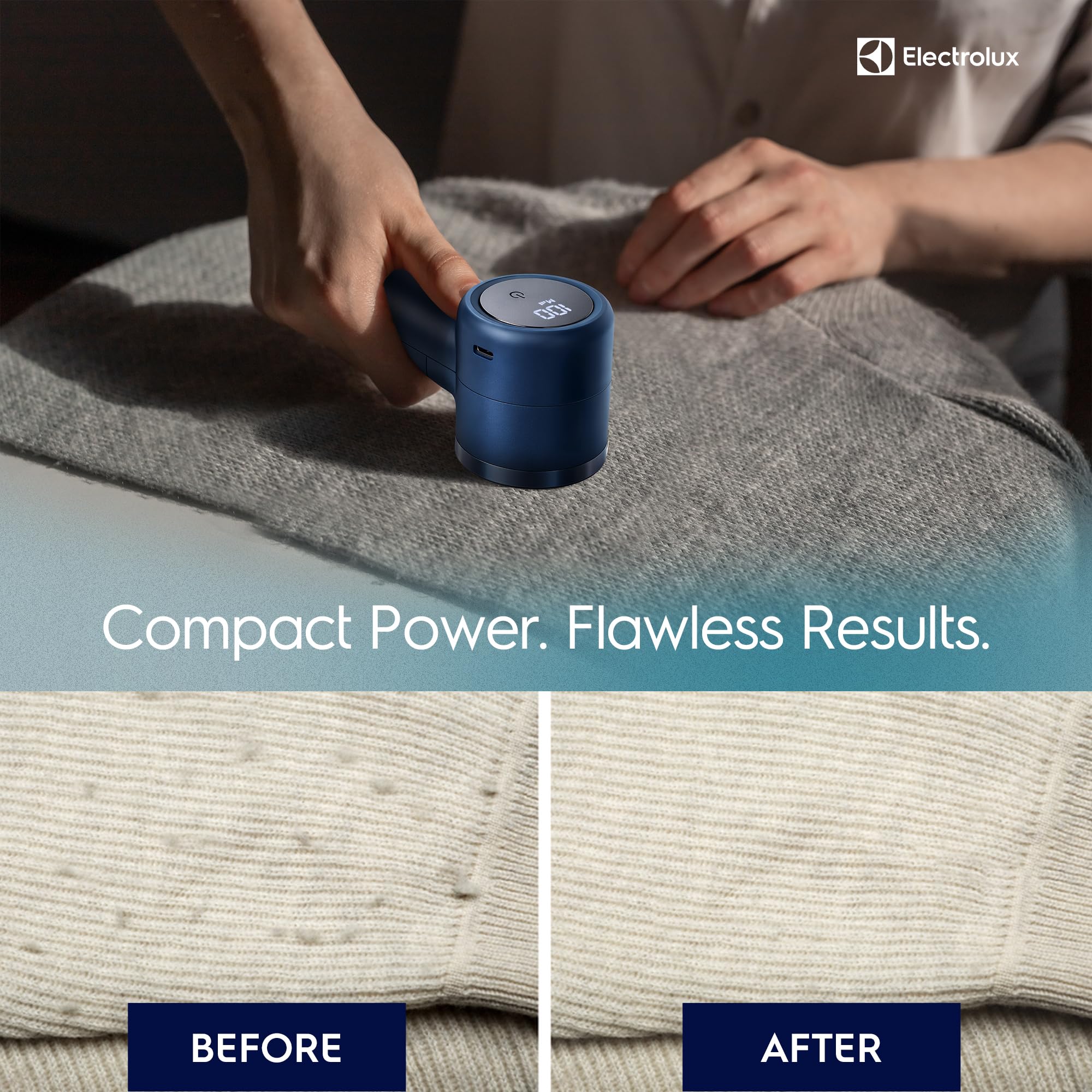 Electrolux Rechargeable Fabric Shaver | Compact Travel Lint Remover for Clothes & Furniture | Eliminates Fuzz & Pilling | 3-Speed Electric Lint Shaver with Type-C Fast Charging Port - Blue