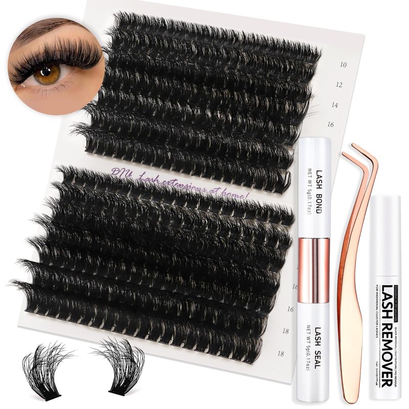 Vznffur Fluffy Lash Extension Kit 280Pcs Thick Eyelash Extension Kit 80D 100D Mix 10-18mm Volume Cluster Lashes with Bond and Seal Tweezers Cluster Remover