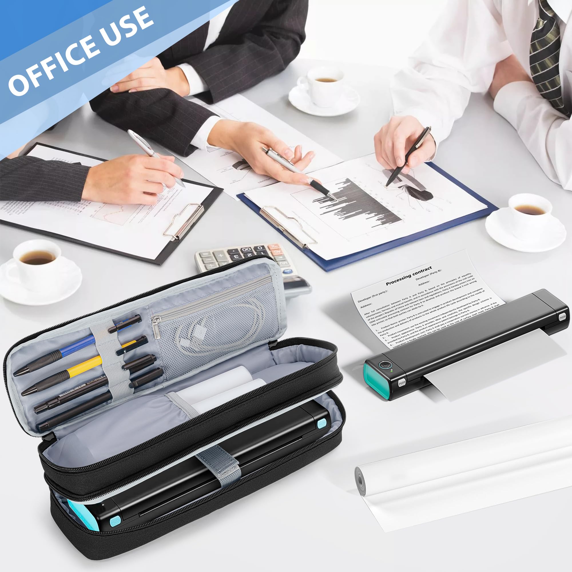 Yarwo Portable Printer Case Compatible with Phomemo M08F, Itari M832, JADENS, Aixiqee, MUNBYN and Most Wireless Thermal Printer, Double-Layers Mobile Printer Storage Bag for Papers & USB Cable, Black