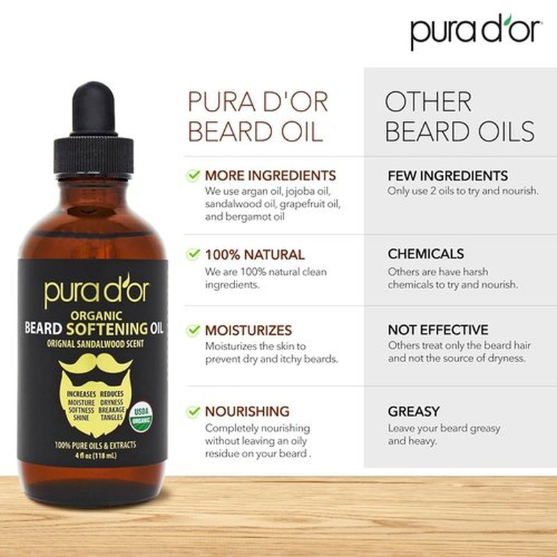 PURA D'OR Organic Beard Softening Oil - Original Sandalwood Scent - Leave-In Conditioner with Argan & Jojoba Oil - 4 Oz