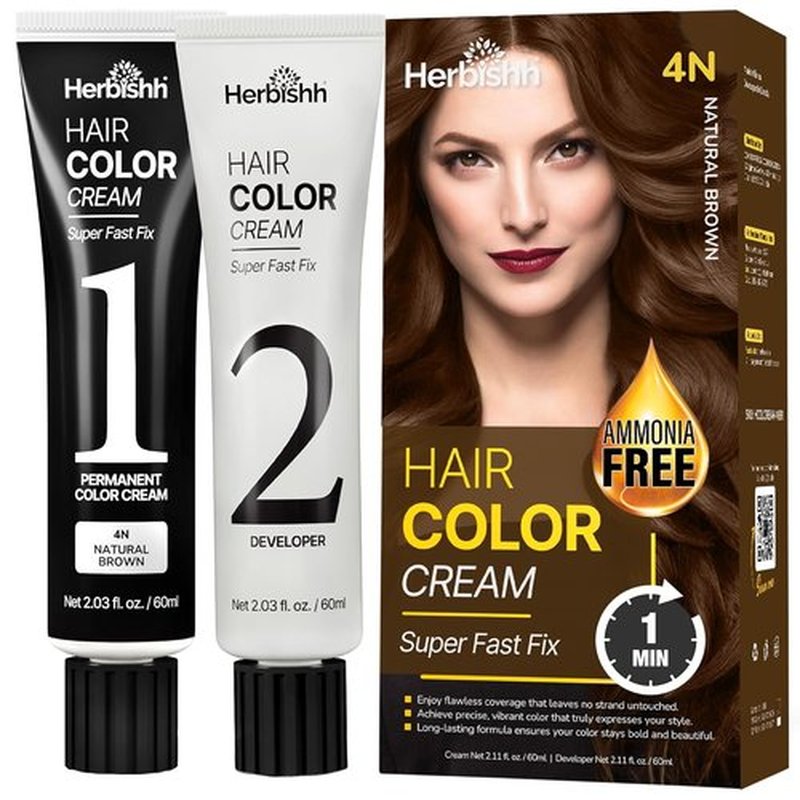 Herbishh Korean Hair Dye Cream & Developer - Natural Brown | Ammonia-Free, 1-Minute Gray Coverage Kit (2.03 fl oz Each)